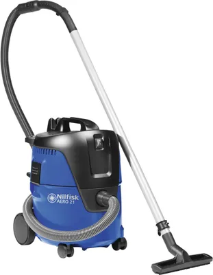 A blue and black Nilfisk Aero 21 wet/dry vacuum cleaner with a silver hose and wand, shown against a white background.