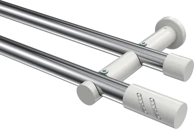 Produktbild von Interdeco Gardinenstange / Vorhangstange Chrom / Weiß, Typ Platon Zoena (Glitzerzylinder) ohne Ringe, 20 mm Ø 2-läufig, 280 cm