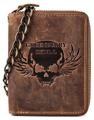 Zdjęcie produktu dla Skórzany portfel Greenburry w stylu vintage z zamkiem błyskawicznym i łańcuszkiem BV-821A-Skull-25