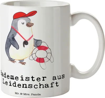 Produktbild von Mr. & Mrs. Panda Kaffeetasse Bademeister Leidenschaft - Weiß - Geschenk, Rettungsschwimmer, Spruch, Schwimmbad, Teetasse, Kaffeebecher, haferl, Becher, Freibad