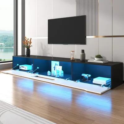 Obrázek produktu pro Televizní skříňka Merax ve vysokém lesku s LED USB, moderní TV skříňka k montáži na stěnu, TV skříňka se změnou barvy osvětlení, černá + bílá