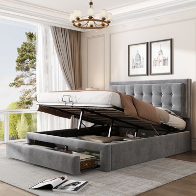 Merax Hydraulisches Boxspringbett 140x200cm mit Bettkasten und höhenverstellbares Kopfteil, Polsterbett mit Schublade und Lattenrost, Doppelbett Samt