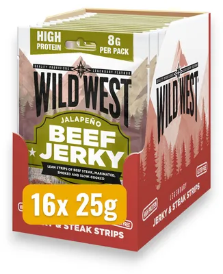 Produktbild von 16x Wild West Jalapeño Beef Jerky 25g – Scharfer Trockenfleisch Snack mit Jalapeño und BBQ-Würze