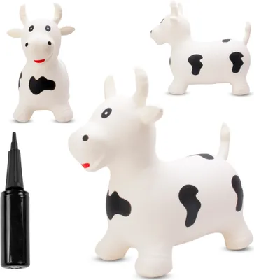 A white inflatable cow toy with black spots, shown from multiple angles, alongside a black hand pump.