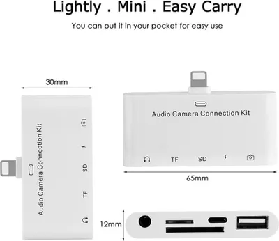Productafbeelding van 5-in-1 8-pins naar SD-camera adapter, USB, OTG, 3,5 mm audio-aansluiting, TF micro SD-kaartlezer, aansluitset voor iPhone, iPad, wit