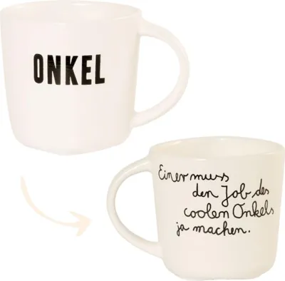 Produktbild von Onkel Tasse aus Porzellan mit Herzboden und Aufschrift 'Eine muss den Job des coolen Onkels ja machen'