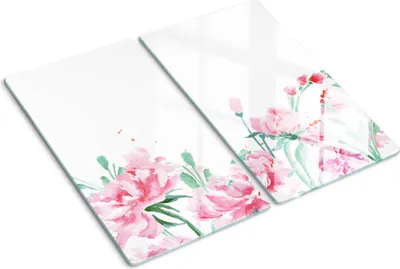 Produktbild von Glasplatte zum Schutz der Kochfläche – Abdeckung für die Kochplatte – Abdeckung für Induktionskochfelder – 2 Stück, 30x52 cm – Einfache Reinigung – Gehärtetes Glas – Pfingstrosen-Motiv