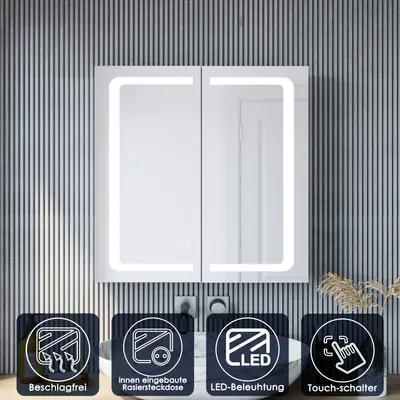 Produktbild von SONNI Spiegelschrank Bad LED mit Beleuchtung Aluminium Rasierer-Steckdose Beschlagfrei Touch 65x65cm Kabelloses Scharnier Design
