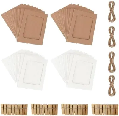 Productafbeelding van PromoHome® Set van 40 fotolijstjes met wasknijpers en touw - DIY fotolijstjes van kraftpapier, 10x15 cm, voor wanddecoratie en fotolijn
