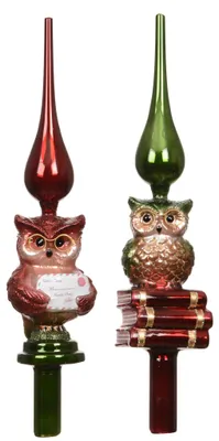 Baumspitze aus Glas mit Eule auf Büchern in Rot Grün Weihnachtsbaumspitze sortiert