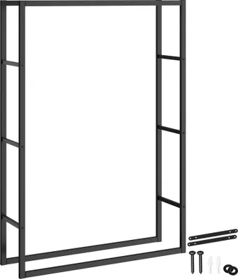 A black metal firewood rack frame and some hardware are shown against a white background.
