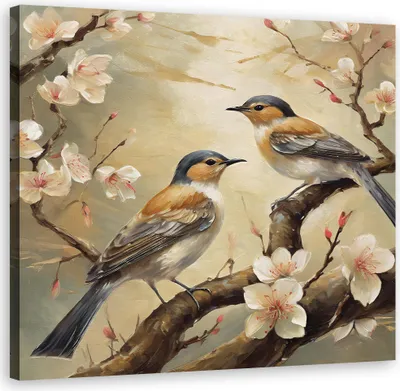 Produktbild von Leinwandbild Vögel Tiere Blumen Zweige 30x30 Feeby Beige bild für die wand bereit zum aufhängen