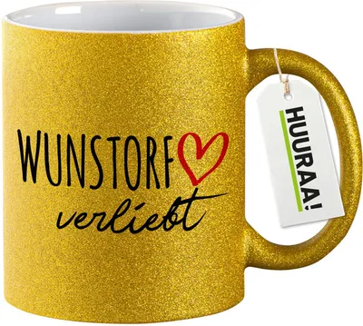Produktbild von Huuraa Glitzertasse Wunstorf verliebt 330ml Gold Keramik Kaffeebecher Geschenkidee