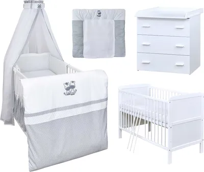 Produktbild von Baby-Delux Babyzimmer Babybett Wickelkommode Weiss Bettwäsche Komplett Set Zebra