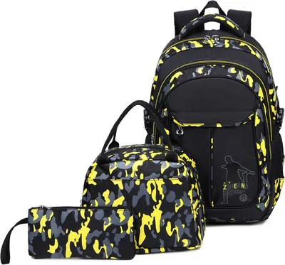 Image de Sac à dos scolaire grande capacité pour adolescents, lot de 3 sacs à dos pour enfants / sacs à dos camouflage / cartables pour l'école, jaune