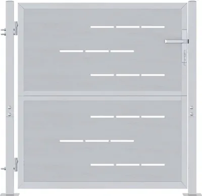 A front view of a silver metal garden gate with horizontal cutouts.