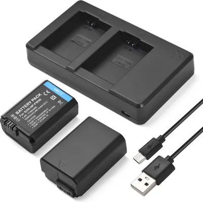 Produktbild von Kamera NP-FW50 Akku- und Ladegeraet-Set mit 2-Schlitz-Akkuladegeraet + 2 Stueck NP-FW50 Akkus 7,4 V 1130 mAh + USB-Ladekabel Ersatz fuer Sony ZV-E10/Alpha a6500/a6300/a6000/a7s/a7/a7s ii/a7s/ a5100/a5000/a7r/a7 ii