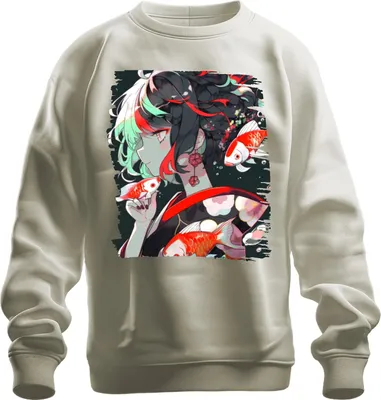 Produktbild von Anime Mädchen im Kimono Koi Karpfen Japanische Kunst Illustration Uni Sweatshirt Pullover, Natur, L