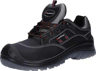 A single black work boot is shown against a white background.