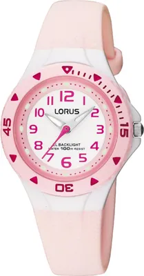 A close-up studio shot of a pink and white children's watch.