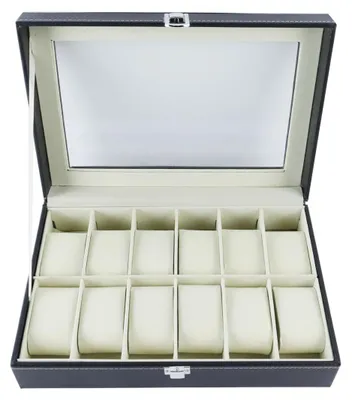 Immagine prodotto di Scatola portagioie con 12 scomparti, contenitore per accessori da uomo, in ecopelle nera, con coperchio in vetro