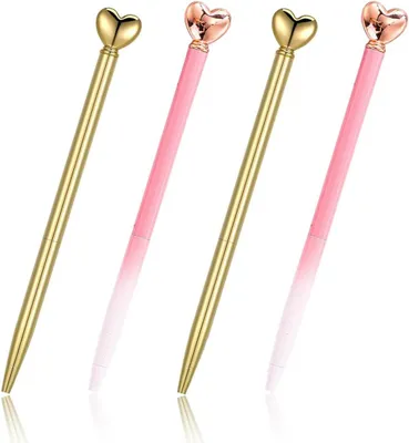 Obrázek produktu pro Kuličkové pero s motivem srdce – sada 4 kusů – zlaté a růžové kovové kuličkové pera – černá barva, 1,0 mm – elegantní pera pro svatbu