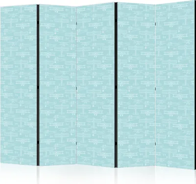Produktbild von 5-teiliger Doppelseitiger Vlies Paravent - Sketch - Outline of an Airplane in White on a Turquoise Background 225x172 cm Für Kinder i-B-10074-z-b