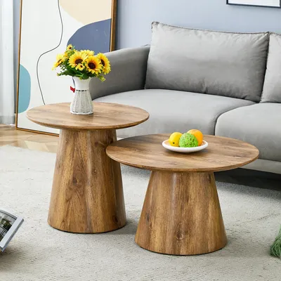 Produktbild von Couchtisch-Set, 2 runde Beistelltische in Holzoptik, ineinander stapelbar, 50 cm + 38 cm, MDF