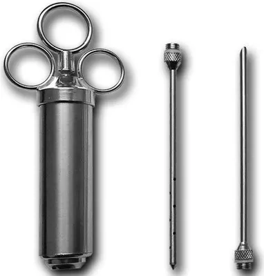 A stainless steel meat injector with two separate needles, displayed against a white background.