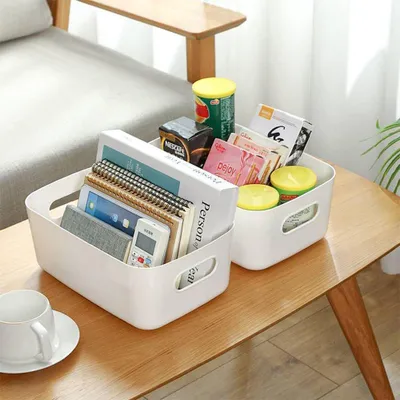 Produktbild von Weiße Aufbewahrungsbox mit Griff - Stapelbarer Aufbewahrungskorb für Küche, Bad und Büro