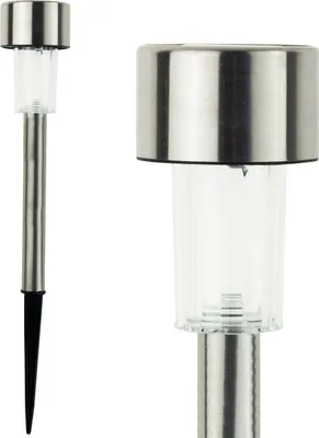 A product shot of two solar garden lights against a white background. One light is shown in full, and the other is a close-up of the top portion.