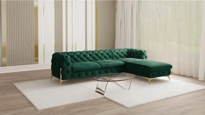 Produktbild von S-STYLE MÖBEL - Chesterfield Ecksofa mit Ottomane rechts Nova mit Goldene Metall Füßen aus Flasche Grün Samtstoff, B/T/H: 305 cm/ 200 cm/ 75 cm