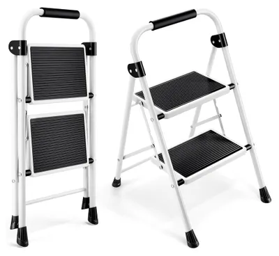 Produktbild von 2 Stufen Leiter, Trittleiter mit Handläufen, Stufenleiter, Klappleiter Tritthocker, Klapptritthocker für Erwachsene mit Griff, Haushaltsleiter Anti-Rutsch-stabilem und breitem Pedal, weiß