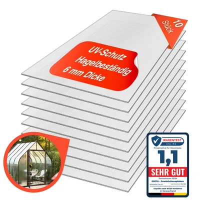 Produktbild von Gewächshausplatten 10 Stück 6mm Doppelsteg Polycarbonat Platten Hohlkammerplatten Stegplatten 1000g/qm UV-Beständig