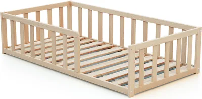 Image de WEBABY - Lit enfant au sol bois 70 x 140 cm Hêtre Brut KAÏA | Avec barrières anti-chutes | Lit junior | Sommier à lattes inclus | Autonomie | Sécurité