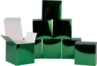 A group of shiny green boxes arranged in a pyramid shape, with one box open in the foreground.