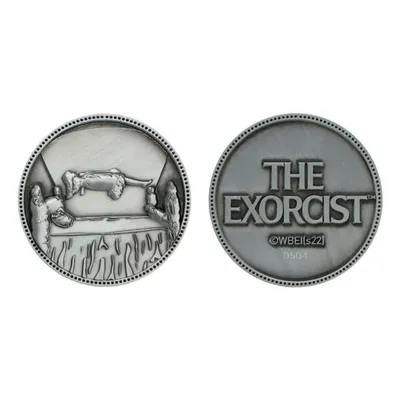 Two sides of a collectible coin related to the movie "The Exorcist".