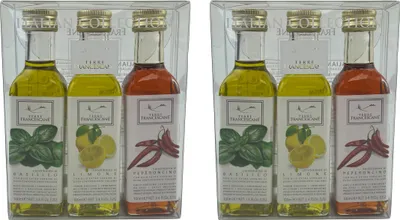 Produktbild von Food-United DRESSING-OLIVENÖL Fläschchen Geschenk-Set 6x 100ml, ITALIAN COLLECTION, italienisches Olivenöl extra nativ kaltgepresst mit nur 0,8 % Säure, von TERRE FRANCESCANE, Basilikum Zitrone Chili