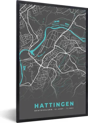 Produktbild von MuchoWow® Gerahmtes Poster Hattingen - Stadtplan - Blau - Karte - Deutschland 60x90 cm - Poster mit Schwarzem Bilderrahmen Wandposter Rahmen Foto Bilder - Kunst