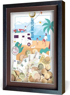 Produktbild von aFFa frames My Piggy Bank Spardose, 3D Bilderrahmen zum Befüllen, Geldgeschenke Verpackung für Auto, Haus, Geburtstag, mit Acrylglasfront, aus Holz, 32x42x2,5cm, Braun, Rahmen Feiertag Muster