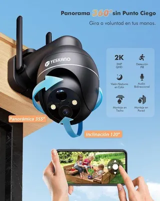 Zdjęcie produktu dla Kamera monitoringu zewnętrznego 2K, WiFi, zasilana energią słoneczną, 360 stopni, PTZ, z funkcją nocnego widzenia w kolorze, detekcją ruchu PIR i dwukierunkowym audio