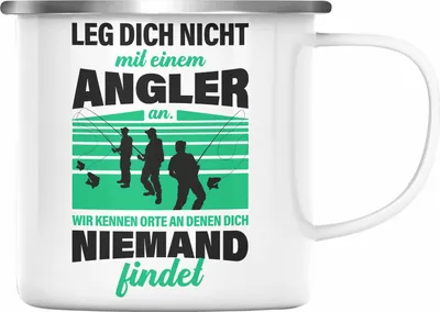 Produktbild von Trendation - Angler Emaille Tasse Geschenk für Männer Spruch Lustig für Fischer Geschenkidee Angeln Becher (Silber)