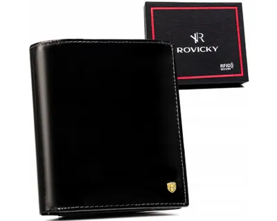Productafbeelding van Rovicky herenportemonnee van natuurlijk leer, zwart, met RFID-bescherming, afmetingen 12,5 x 11 cm