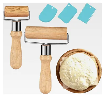 Produktbild von 2 Stück Holz-Teigroller, Kleine und Mittlere Nudelholz mit 3 Teigschabern, Teigausroller, T-förmiger Rollstab für Kuchen, Pizza, Fondant und Kekse