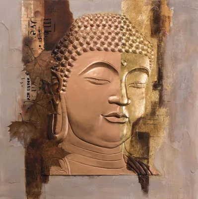 Obrázok produktu pre Jemné ázijskéobývacie maľovanie Budha tváre zlatá kovová fólia 3D W100xH100cm