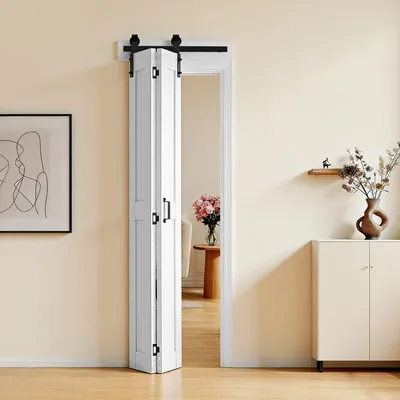 Produktbild von Faltschiebetür - Innenschiebetür im Scheunentor-Stil - 60,9 x 213,4 cm - MDF - Mit Beschlagsatz - Platzsparendes H-Rahmen-Design - Für Schlafzimmer & Wohnzimmer - Weiß