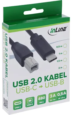 Produktbild von InLine USB 2.0 Kabel, USB-C Stecker an B Stecker, schwarz, 0,5m, 0,5 m, USB C, USB B, USB 2.0, Stecker/Stecker, Schwarz