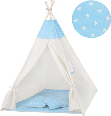 Produktbild von Tipi Zelt Kinder Spielzelt Baumwolle 2 Kissen Kinderzelt 160x120x100 cm - Blau/Sterne