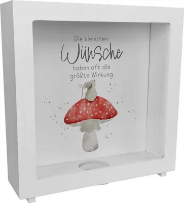 Produktbild von Maus auf Fliegenpilz Rahmen Spardose aus Holz mit Spruch Kleinste Wünsche