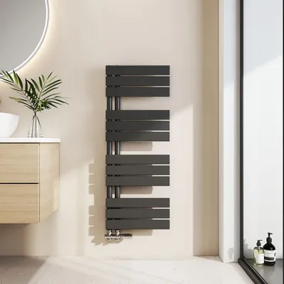 Produktbild von EMKE Badheizkörper Flach 1041x400mm Schwarz Handtuchwärmer Handtuchtrockner Panel Handtuchhalter Seitenanschluss für Bad Warmwasser 456W ohne Heizstab